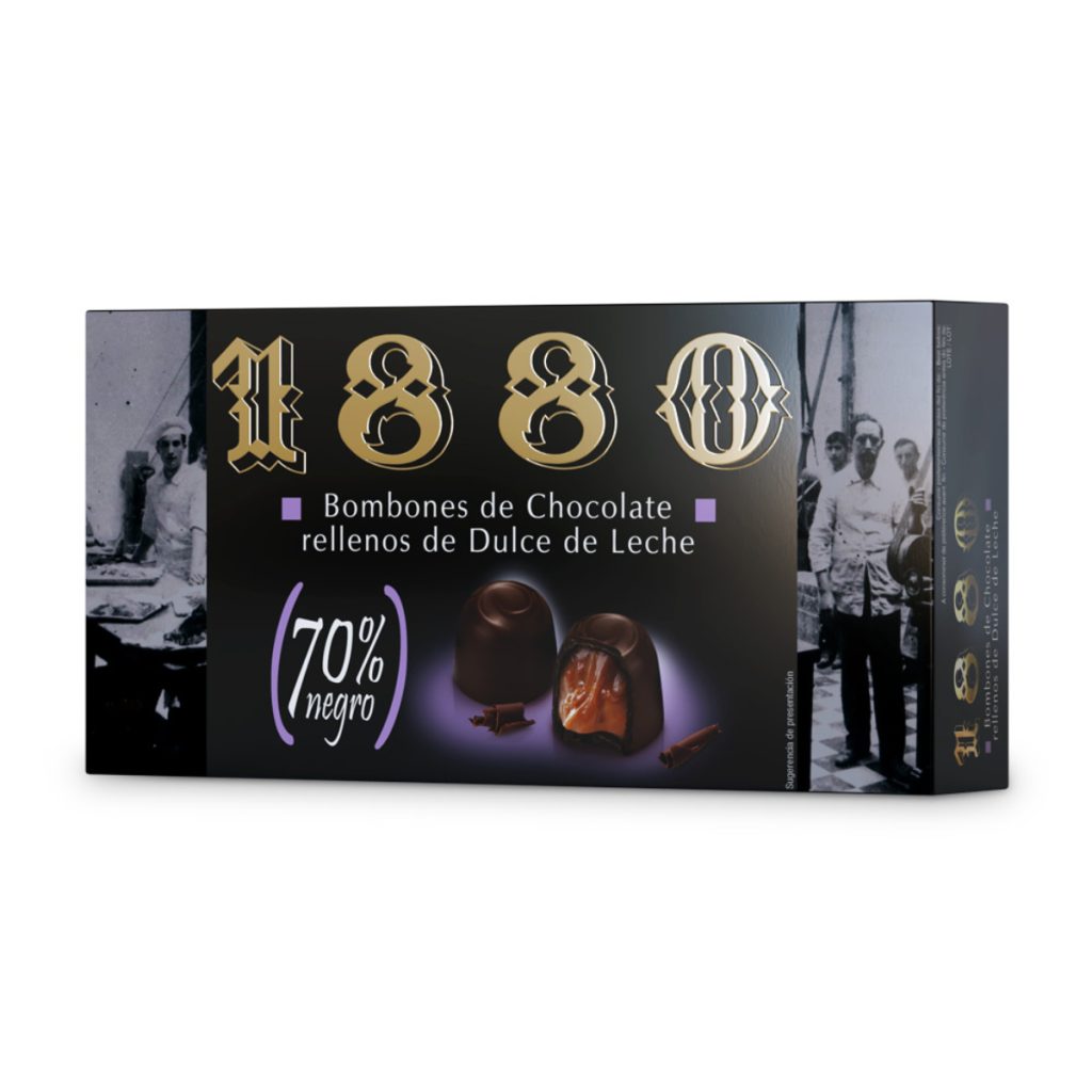 1880. Bombones de chocolate negro 70% Rell. de dulce de leche 100GR